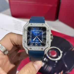 Cartier Santos Super Clone Watch Blue Dial Custom Moissanite Diamonds 39.8mm