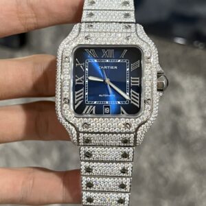 Cartier Santos Best Super Clone Watch Custom Moissanite Diamonds Blue Dial 39.8mm