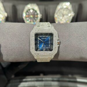 Cartier Santos Best Super Clone Watch With Full Natural Diamond VVS Blue Dial 39.8mm