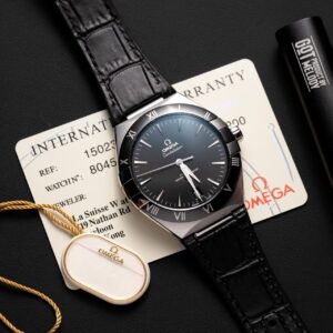 Omega Constellation Super Clone Watch Black Dial Leather Strap 42mm