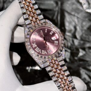 Rolex Super Clone Watch DateJust With Full Moissanite Diamond Pink Dial 41mm