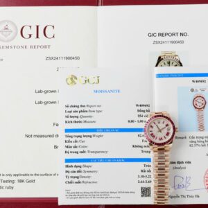 Rolex DateJust Women Super Clone Watch Custom Gold Wrapped + Ruby Baguette + Diamonds Moissanite 31mm