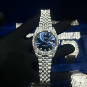 Rolex Best Super Clone Watch DateJust Dial Blue Custom Full Diamonds Moissanite 41mm